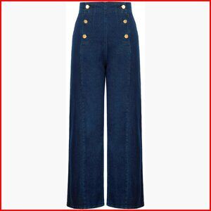 High Waisted Wide Leg Stretch Denim Jeans with Button Decor Pockets